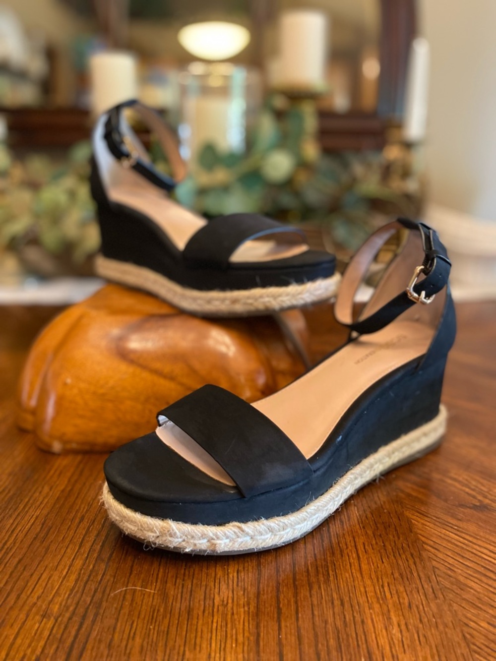 BCBGeneration Black Espadrille Ankle-Strap Wedge Sandals